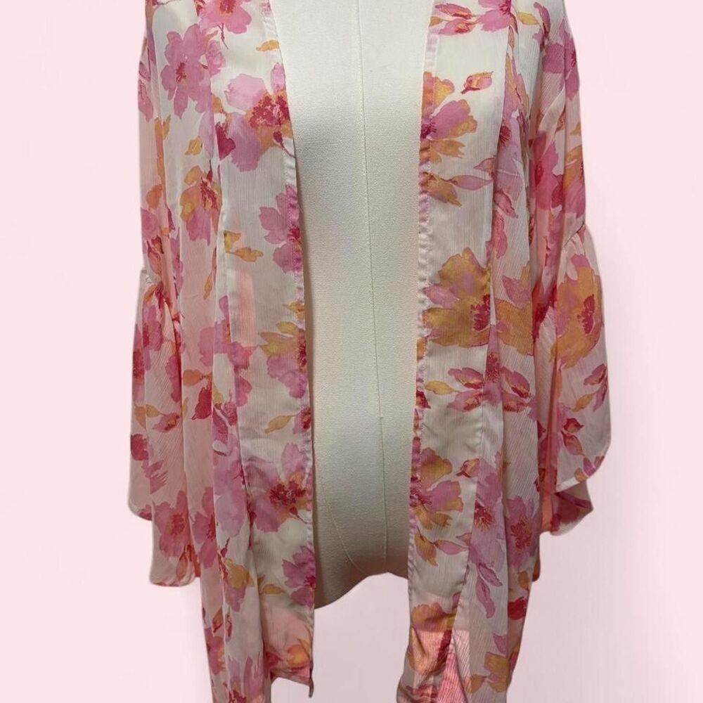 mi ami Pink Floral Sheer Bell Sleeve Kimono S Fairycore